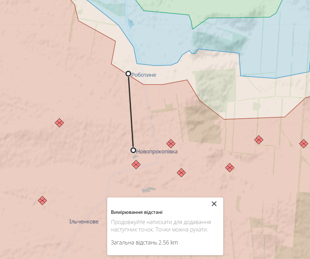 Відстань між Роботино та Новопрокопівкою (Мапа: DeepState)