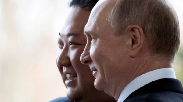 Russian President Vladimir Putin and North Korea"s leader Kim Jong Un pose for a photo during their meeting in Vladivostok, Russia, April 25, 2019