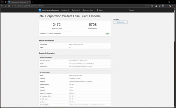 Intel Wildcat Lake: нові результати бюджетного процесора з'явилися в Geekbench 5