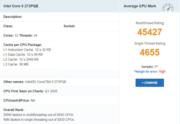 Intel Core 9 273PQE Bartlett Lake проти i9-14900K 4